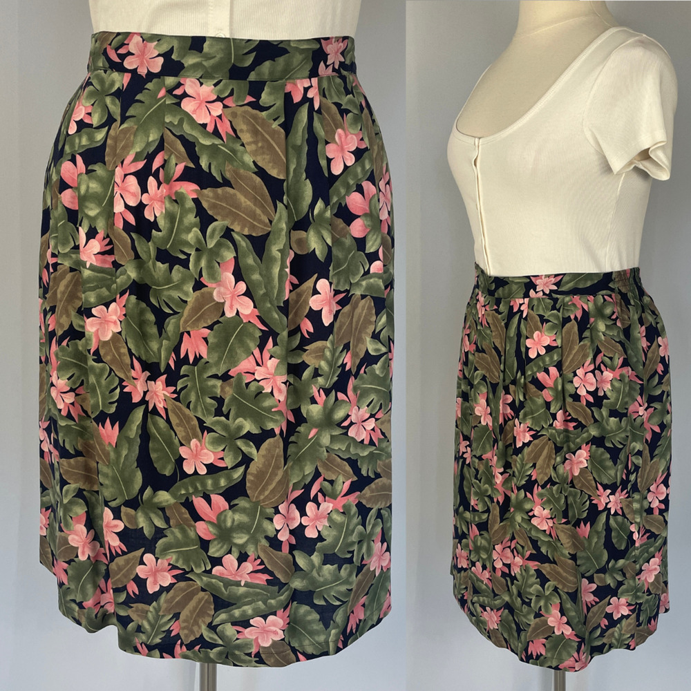 Vintage Skirt Size XL Green Pink Floral Palm Tropical Boho Pleated Pull On 90s